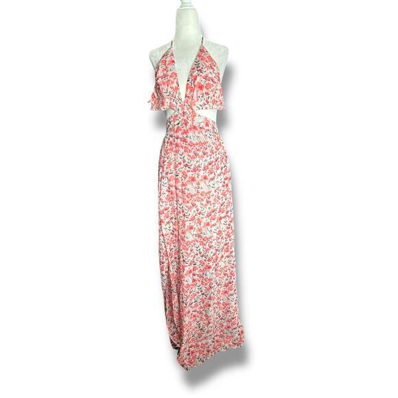 Shein Pink Floral Halter Maxi Dress XS Criss Cross Cutout Open Back Flowy Summer - Picture 1 of 9